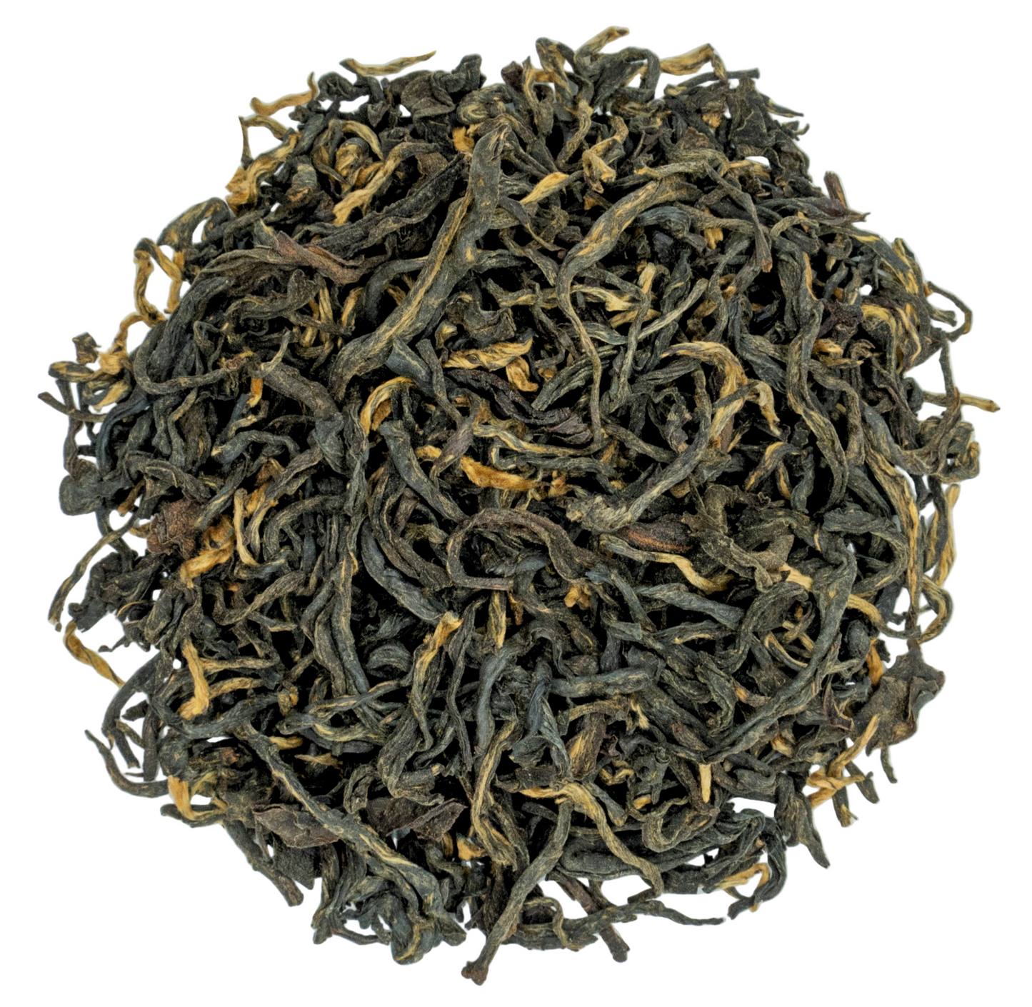 Dried black tea leaves on a white background